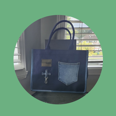 Kente Print Denim Tote Bag – Stylish Carryall, Faux Denim, Denim Look