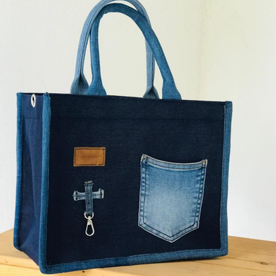 Kente Print Denim Tote Bag – Stylish Carryall, Faux Denim, Denim Look